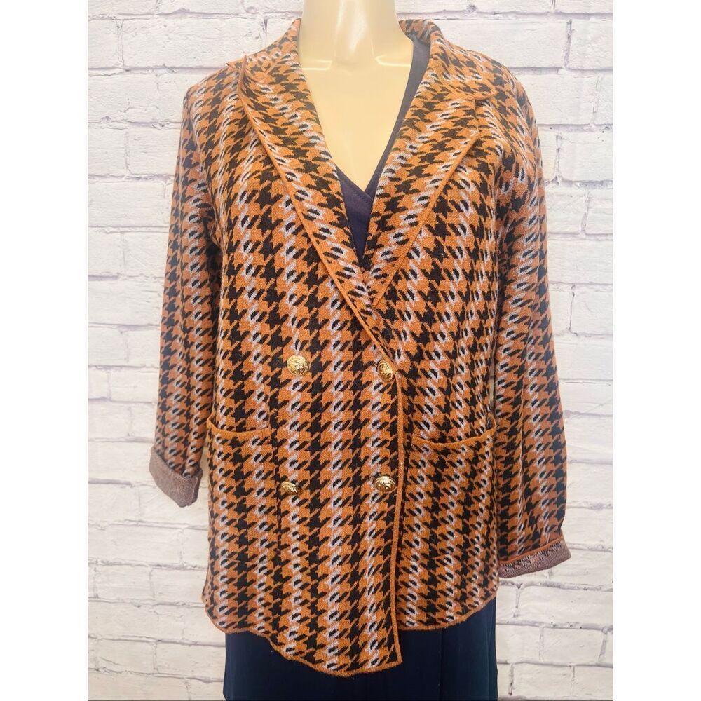 Joie Womens Brown Houndstooth Double Breasted Knit Career Blazer Sweater Sz XXL